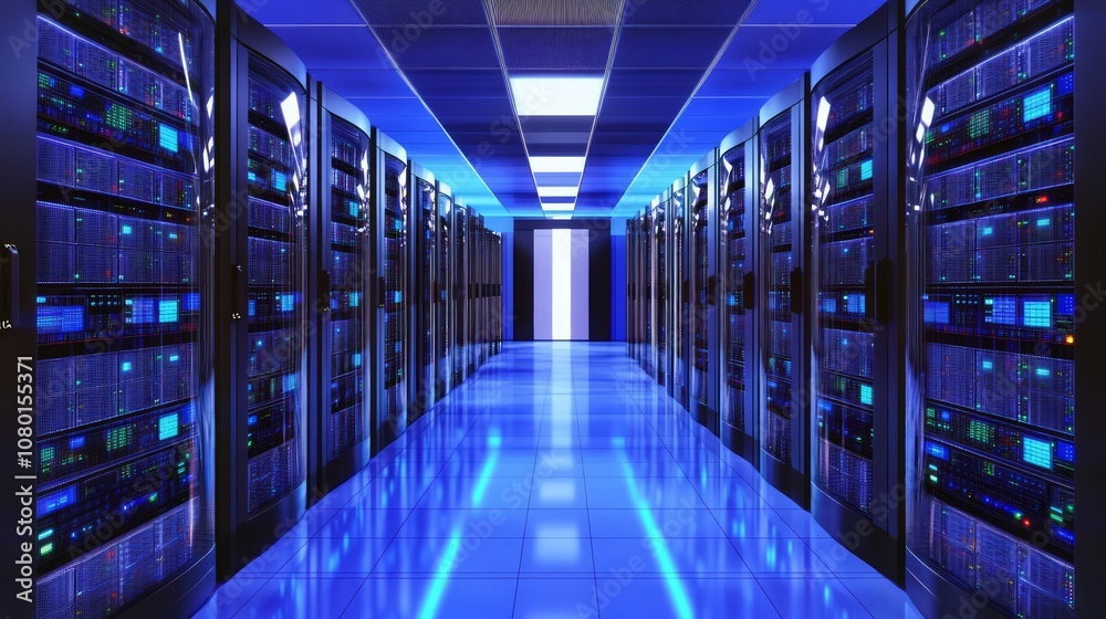 A futuristic neon-lit data center server room, with glowing blue lights reflecting on sleek floors, showcasing high-tech racks filled with data servers A futuristic neon-lit data center server room, with glowing blue lights reflecting on sleek floors, showcasing high-tech racks filled with data servers