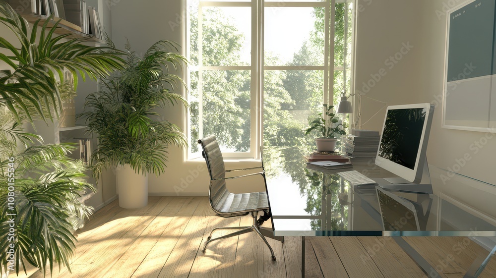 Fototapeta premium A modern office workspace featuring a glass desk, ergonomic chair, and abundant natural light with greenery visible through large windows.