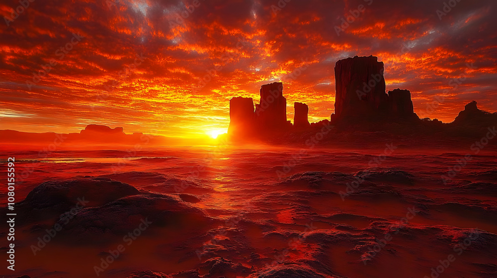 Fototapeta premium Fiery Sunset Landscape with Silhouettes of Rocks
