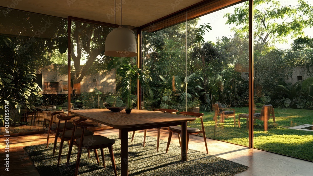 Fototapeta premium A modern dining room with large glass windows overlooking a lush garden, featuring a wooden table and minimalist decor.