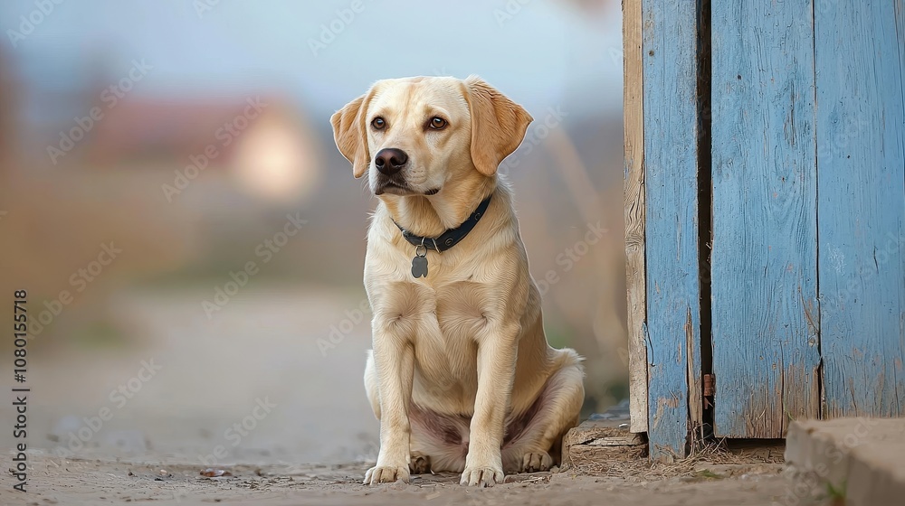 A golden Labrador retriever sitting beside a blue wall, exuding a calm demeanor against a rural backdrop. A golden Labrador retriever sitting beside a blue wall, exuding a calm demeanor against a rural backdrop.