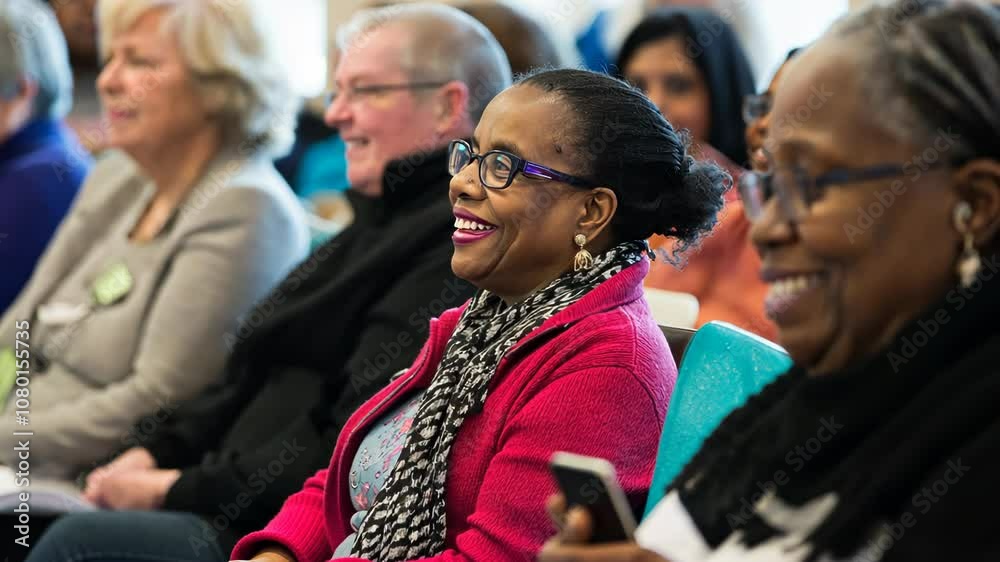 Diverse group of senior adults attending seminar, learning and engagement in community setting. Smiling participants, positive interaction, and focus on education and social connection indoors