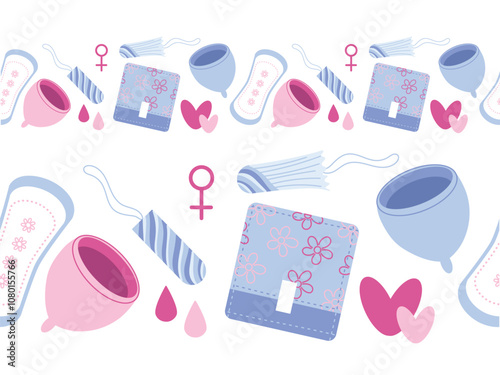 Vector flat seamless pattern border with women menstruation sanitary goods. Hand drawn vector flat colored illustration. Disposable pad, tampon, menstrual cup, drops, hearts, calendar