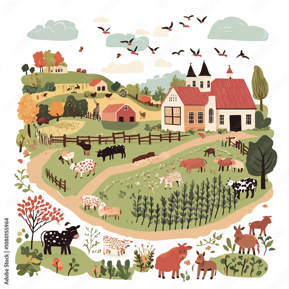 Countryside landscape with farm animals. Vector illustration in hand drawn style..eps Countryside landscape with farm animals. Vector illustration in hand drawn style..eps