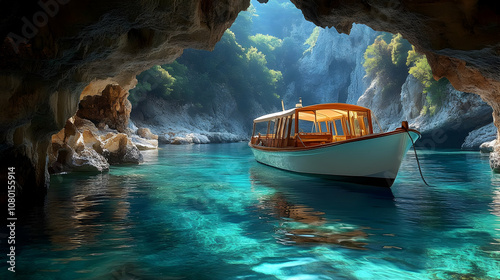 Boat in a Cave with Clear B...