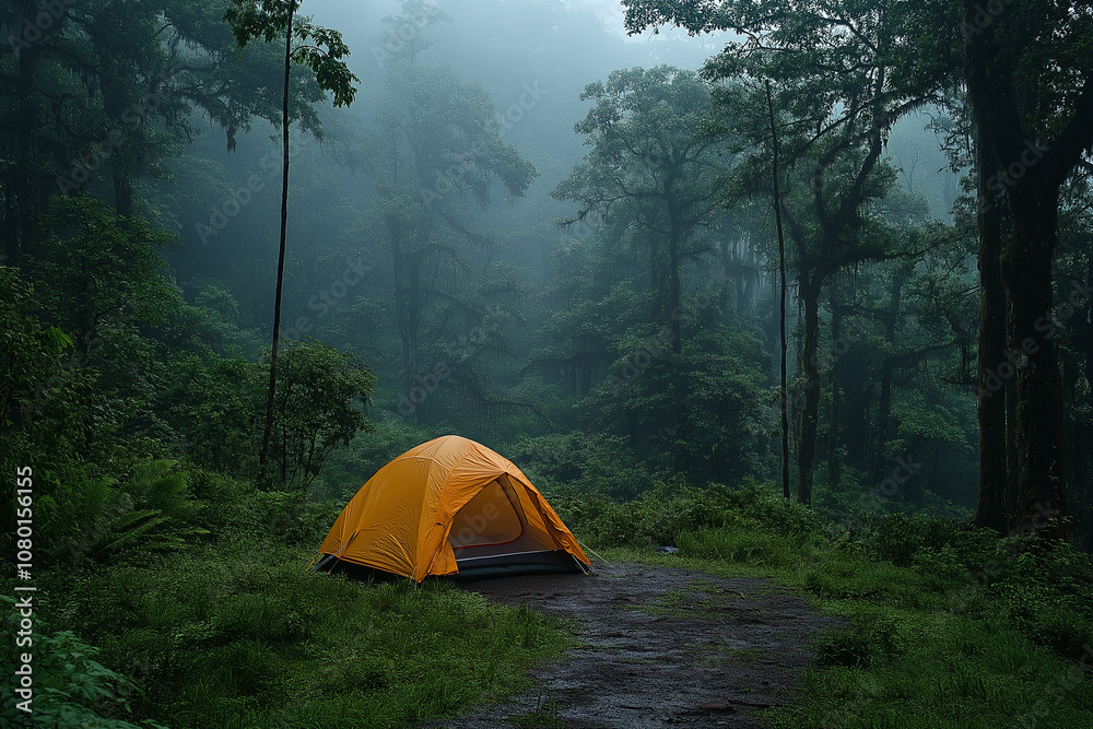A tent in the forest, surrounded by green trees, in a foggy atmosphere. Cinematic photography. A tent in the forest, surrounded by green trees, in a foggy atmosphere. Cinematic photography.