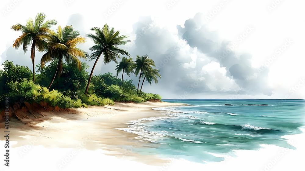 Tropical Beach Illustration with Palm Trees and Cloudy Sky Tropical Beach Illustration with Palm Trees and Cloudy Sky