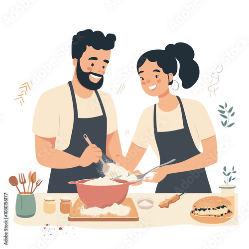 Couple cooking together in the kitchen. Vector illustration in flat style.eps