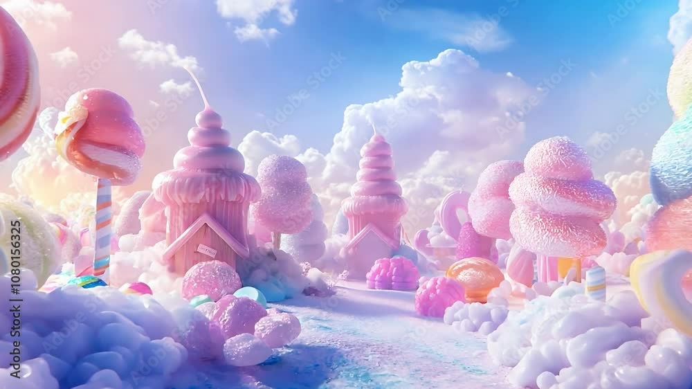 Cotton candy, marshmallows town, A vibrant pastel world filled with delectable sweets and candies, dreamy	
