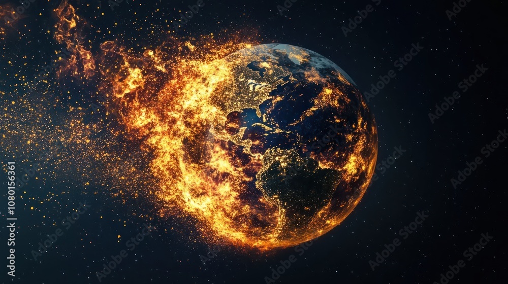 A fiery depiction of Earth, symbolizing destruction and environmental concerns. A fiery depiction of Earth, symbolizing destruction and environmental concerns.
