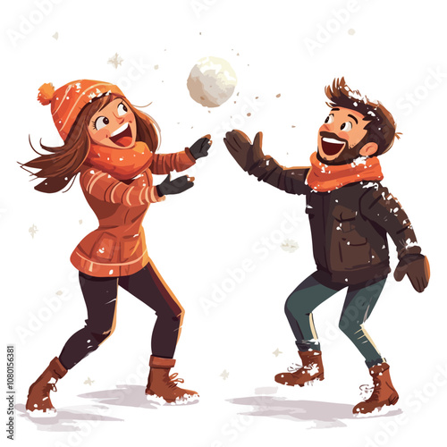 Couple in winter clothes playing snowballs. Vector cartoon illustration..eps