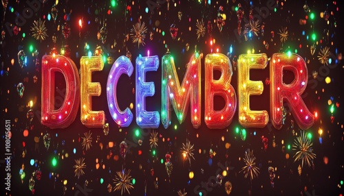 December Festive Text with Colorful Lights, Fireworks, and Confetti on Dark Background