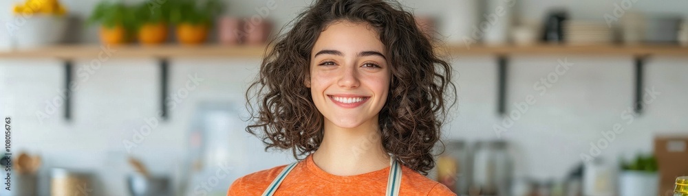 A smiling woman with curly hair wears an apron in a bright kitchen, exuding warmth and friendliness. A smiling woman with curly hair wears an apron in a bright kitchen, exuding warmth and friendliness.