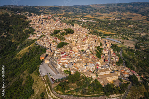 Panoramic aerial picture of Vizzini at sunset. Vizzini - picturesque Italian city in Sicily. June 2023 photo