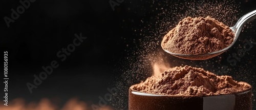 A spoon of mushroom coffee powder is lifted above a small cup, ready to blend into a warm beverage, showcasing its rich texture and color