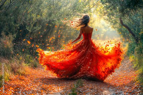 Femme qui danse dans la forêt en automne avec une robe faite de feuilles mortes qui volent autour d'elle photo