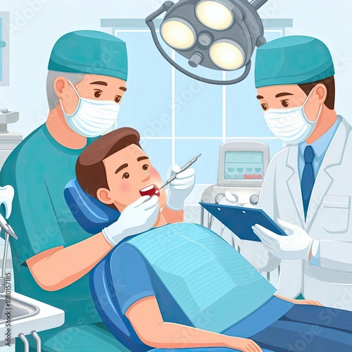 Vector illustration of a dentist working on a patient’s teeth in a clinic