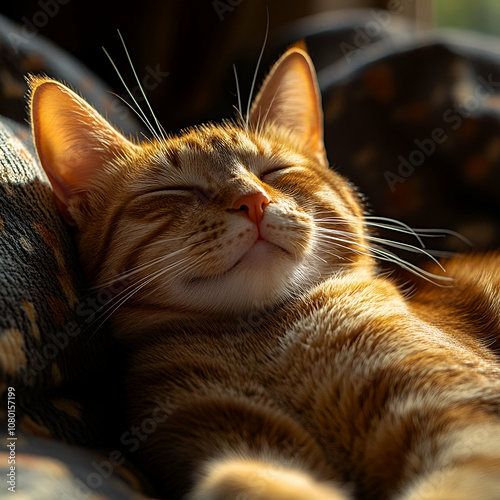 A serene tabby cat peacefully sleeping on a fluffy blanket, basking in soft sunlight