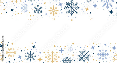 Abstract snowflake border. Snowflakes pattern. Snowfall repeat backdrop. Winter holidays theme. Background with snowflakes. Vector illustration