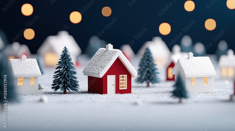 Fototapeta premium Snowy Village Miniature with Red House and Christmas Lights