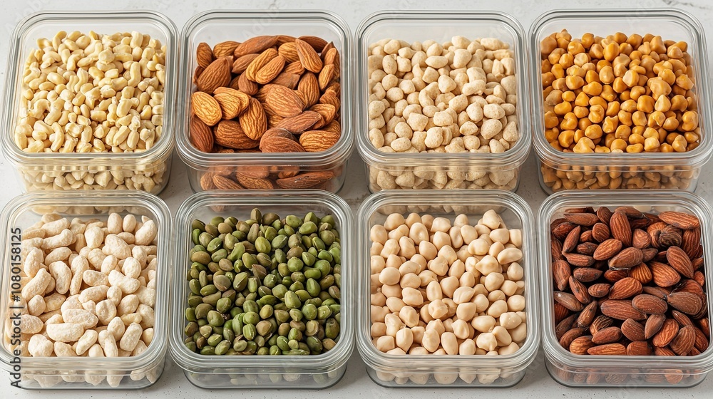 Reusable containers filled with healthy snacks, clean and organized Reusable containers filled with healthy snacks, clean and organized