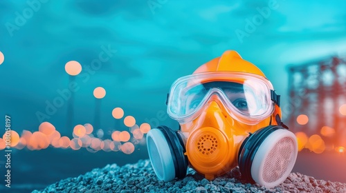 Protective gear including a gas mask and goggles displayed on gravel with a blurred industrial background.
