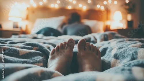 Two Bare Feet Resting on a Blue and White Blanket in a Cozy Bedroom photo