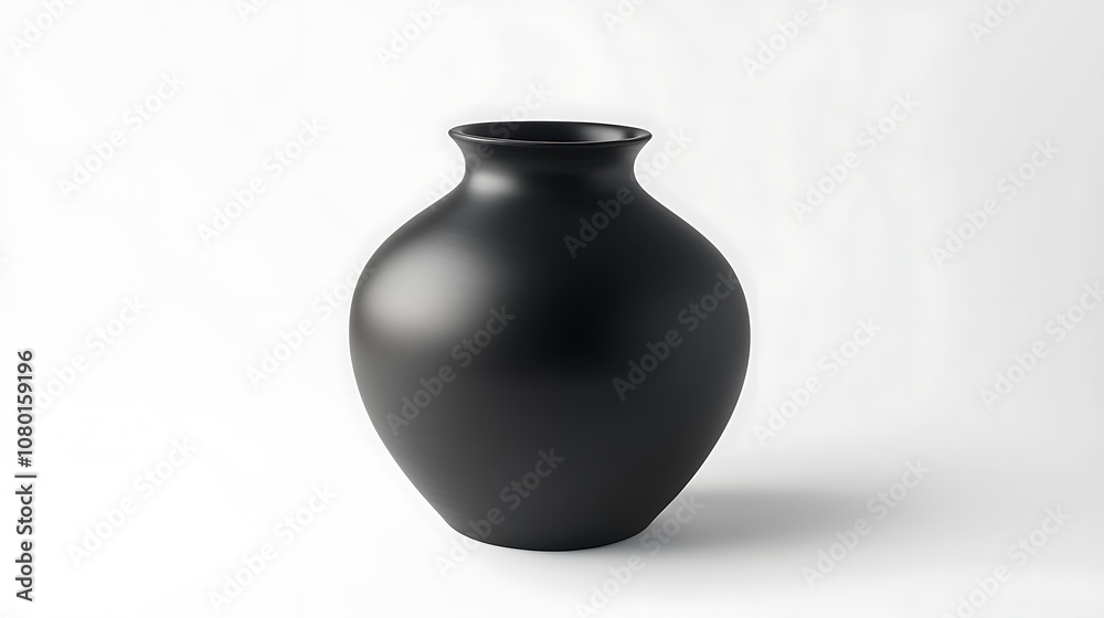 A black vase, rounded shape, stands on a white surface. A black vase, rounded shape, stands on a white surface.