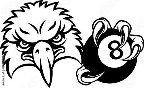 An eagle angry mean pool billiards mascot cartoon character holding a black 8 ball.