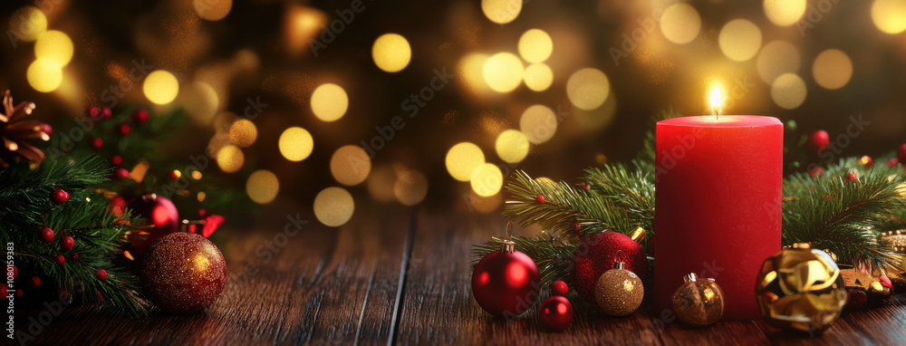 festive Christmas scene featuring red candle surrounded by ornaments and pine branches, creating warm and joyful atmosphere festive Christmas scene featuring red candle surrounded by ornaments and pine branches, creating warm and joyful atmosphere