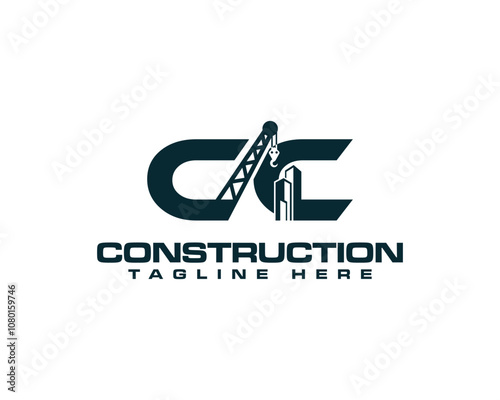 CC letter with crane and building logo. Contractor and construction work creative vector illustration.