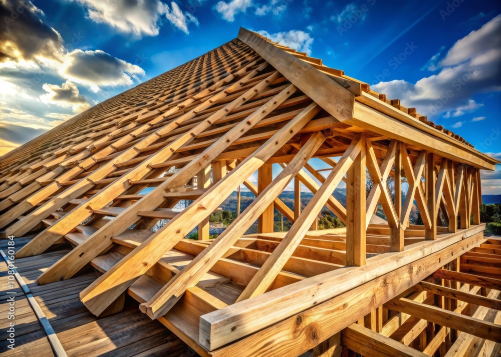 Obraz premium Detailed Architectural Photography of Wooden Roof Construction with Missing Shingles at Construction Site, Capturing the Intricate Elements of Building Materials and Techniques
