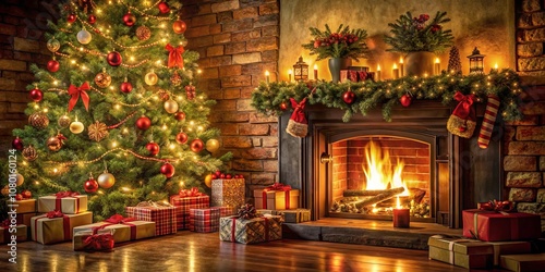 A Festive Fireplace Scene with a Christmas Tree Adorned with Lights and Ornaments, Flanked by Wrapped Gifts, Setting the Stage for a Joyous Holiday Season