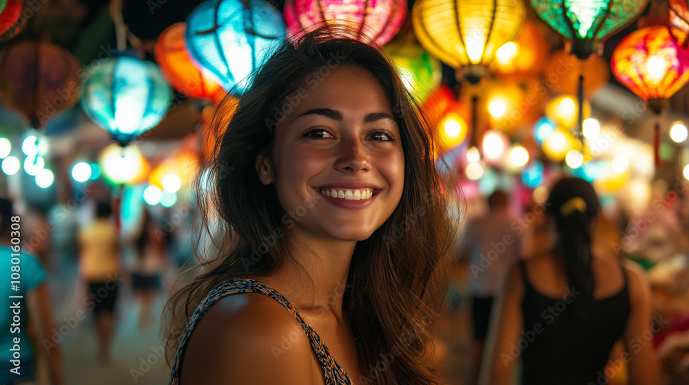 Smiling young woman at a vibrant night market surrounded by colorful lanterns, symbolizing joy, culture, and the excitement of exploring new places, perfect for themes of travel, celebration, and cult Smiling young woman at a vibrant night market surrounded by colorful lanterns, symbolizing joy, culture, and the excitement of exploring new places, perfect for themes of travel, celebration, and cult