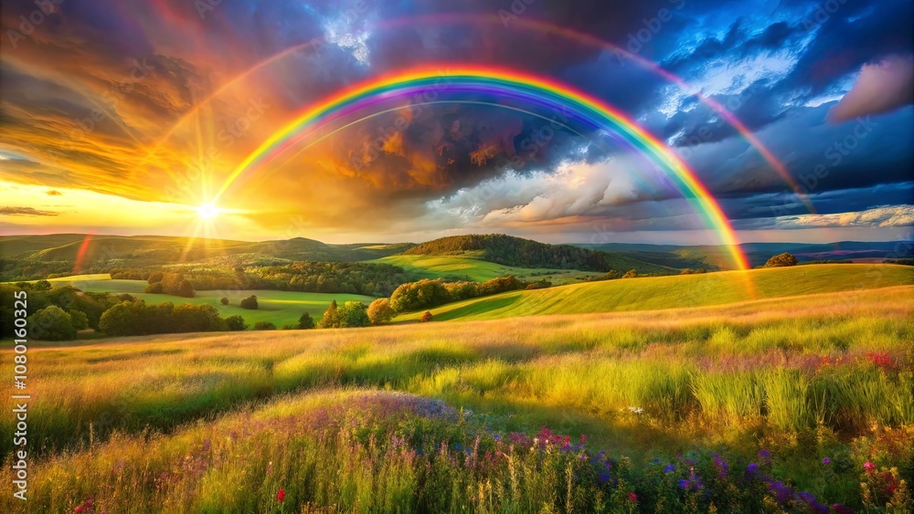 A Double Rainbow Arcs Over Lush Rolling Hills With A Glowing Sunburst In The Distance A Double Rainbow Arcs Over Lush Rolling Hills With A Glowing Sunburst In The Distance