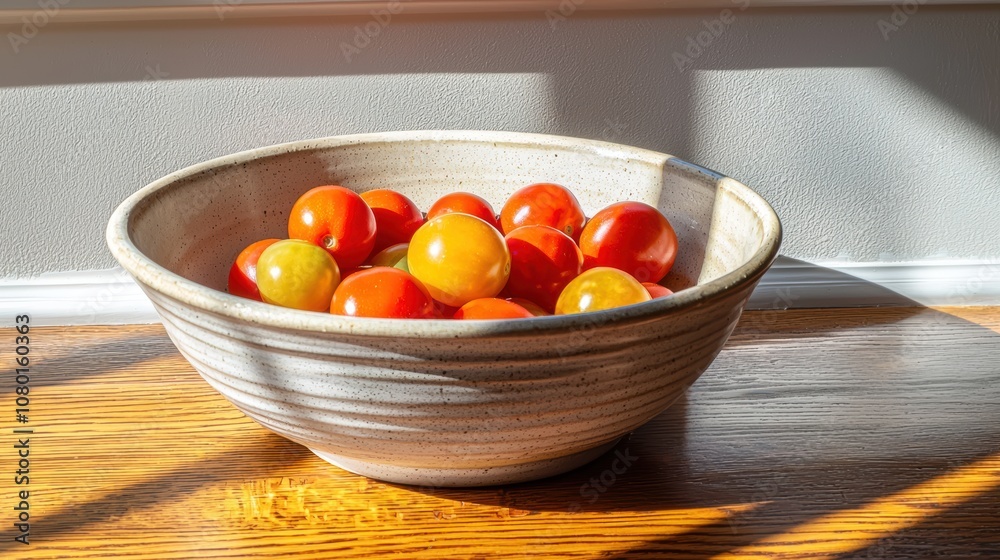 Fresh and Vibrant Cherry Tomatoes in a Rustic Bowl Illuminated by Natural Light on a Wooden Surface, Capturing the Essence of Summer Freshness Fresh and Vibrant Cherry Tomatoes in a Rustic Bowl Illuminated by Natural Light on a Wooden Surface, Capturing the Essence of Summer Freshness