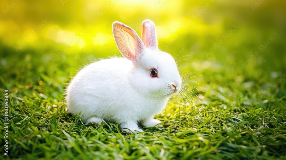 Adorable White Bunny Sitting on Lush Green Grass Under Soft Natural Light with Warm Background Creating a Serene and Peaceful Atmosphere Adorable White Bunny Sitting on Lush Green Grass Under Soft Natural Light with Warm Background Creating a Serene and Peaceful Atmosphere