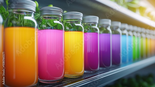 A vibrant display of colorful juice bottles on a shelf, showcasing a variety of refreshing beverages with herbs and fruit.