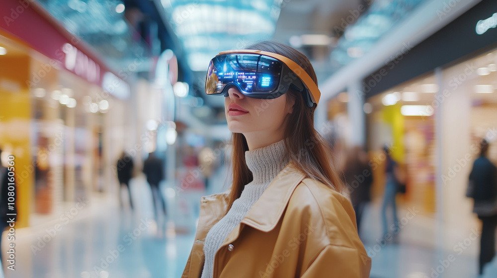Modern shopping mall showcasing customers using augmented reality technology Modern shopping mall showcasing customers using augmented reality technology