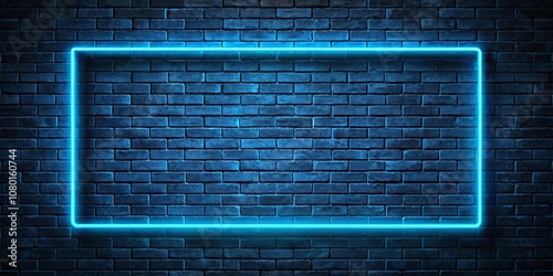 A luminous blue neon rectangle frame illuminates a dark brick wall, creating a vibrant contrast and a sense of modern urban ambiance.