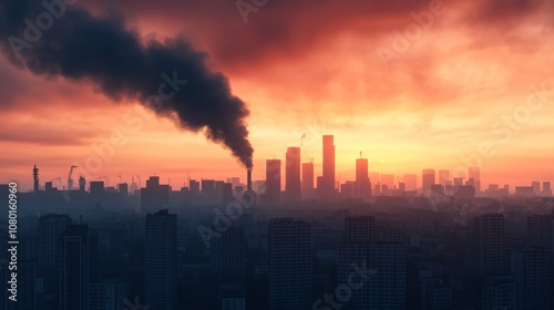 A dramatic skyline at sunset, featuring billowing black smoke rising from a city, highlighting urban pollution and environmental concerns.