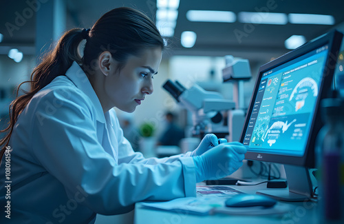 High-tech laboratory, scientists working on robotic arms and AI, a clean, modern space filled with screens and gadgets photo