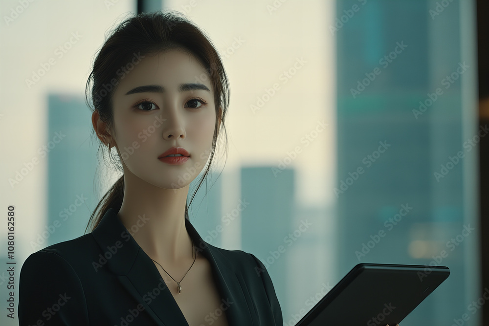 Confident Asian Businesswoman Strategizing with Tablet in a Vibrant Urban Setting, Reflecting Determination and Ambition Confident Asian Businesswoman Strategizing with Tablet in a Vibrant Urban Setting, Reflecting Determination and Ambition