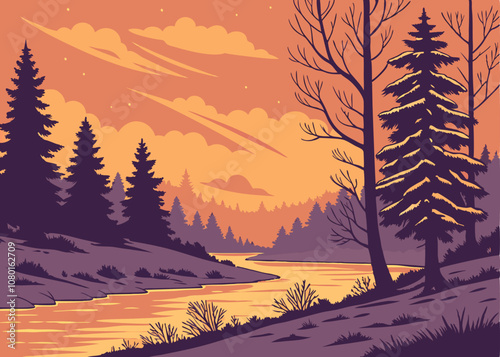 Forest River Sunset Landscape - Vector Illustration.