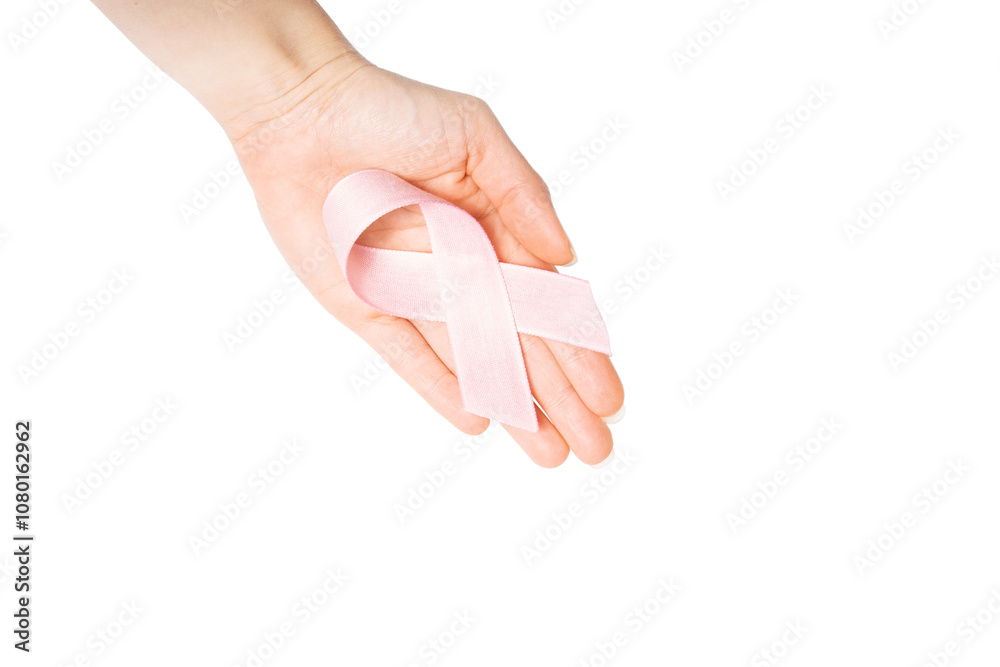 Naklejka premium Isolated female hands holding a pink ribbon. Healthcare, medicine and breast cancer awareness concept