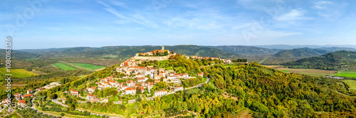 Croatia, panorama of beautiful mediaeval town and fortress Motovun, located on the top of a high hill on Istrian peninsula. The city is famous for its local wineries and truffle forest