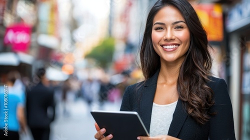 Confident Businesswoman Holding Tablet in Urban Environment, Smiling and Engaging with City Life, Showcasing Modern Professionalism and Connectivity in Vibrant Street Scene