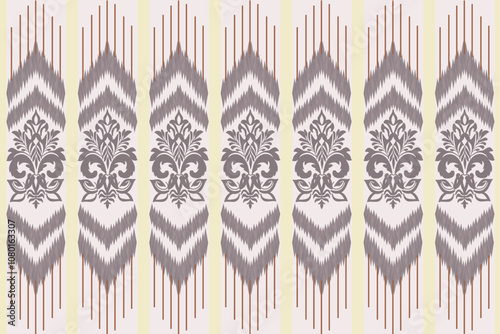 Seamless geometric embroidery pattern with damask flowers. Cream background, illustration, vector, wallpaper.