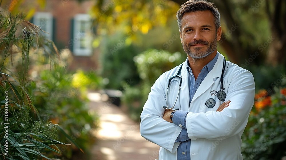 A confident male doctor with a stethoscope around his neck stands with his arms crossed in a lush, green garden setting. A confident male doctor with a stethoscope around his neck stands with his arms crossed in a lush, green garden setting.