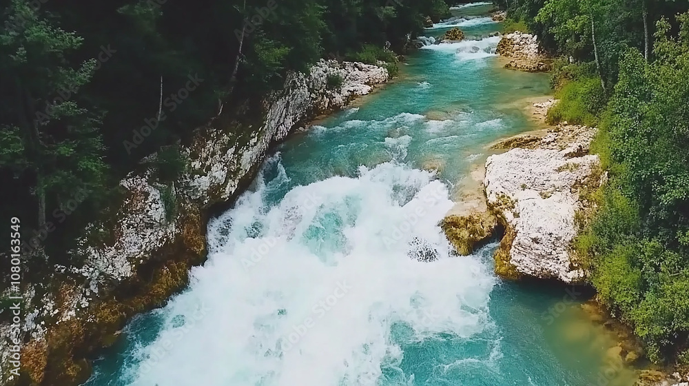 Aerial view of a turquoise river flowing through a lush green forest, with white rapids and rocks. Aerial view of a turquoise river flowing through a lush green forest, with white rapids and rocks.